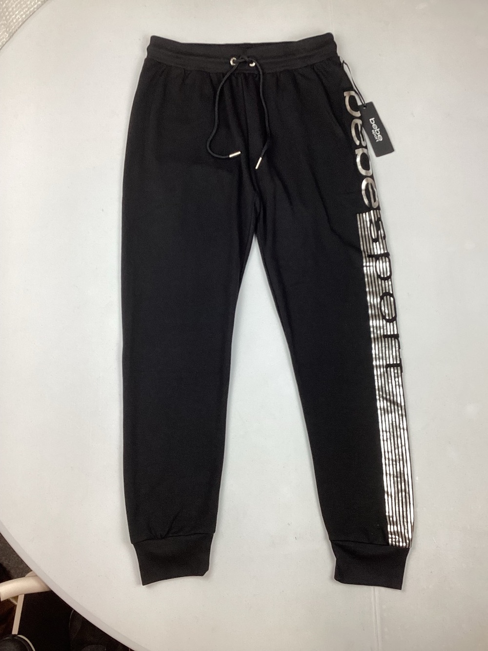 Bebe Sport Logo Stripe Black Silver Joggers Sweatpants Medium NEW! Retail $79